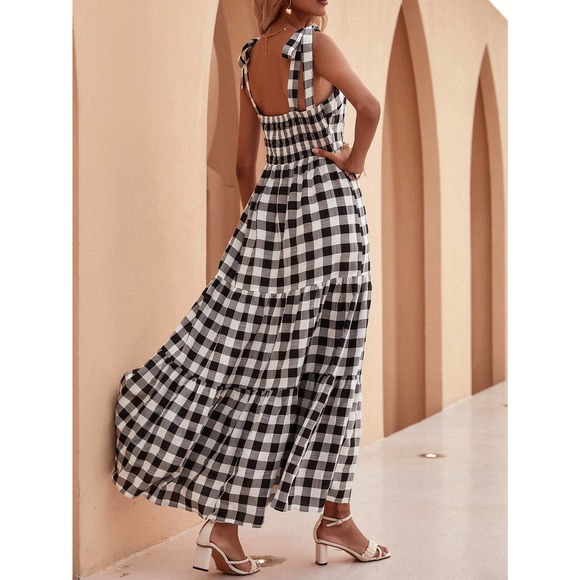preppy Knot Strap Flounce Hem Gingham print maxi Dress - Picture 2 of 7